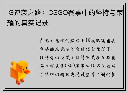 IG逆袭之路：CSGO赛事中的坚持与荣耀的真实记录